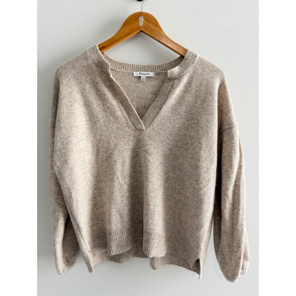 Madewell Sweater Beige Wool Blend Minimalist Pleated Sleeve Pullover Top S